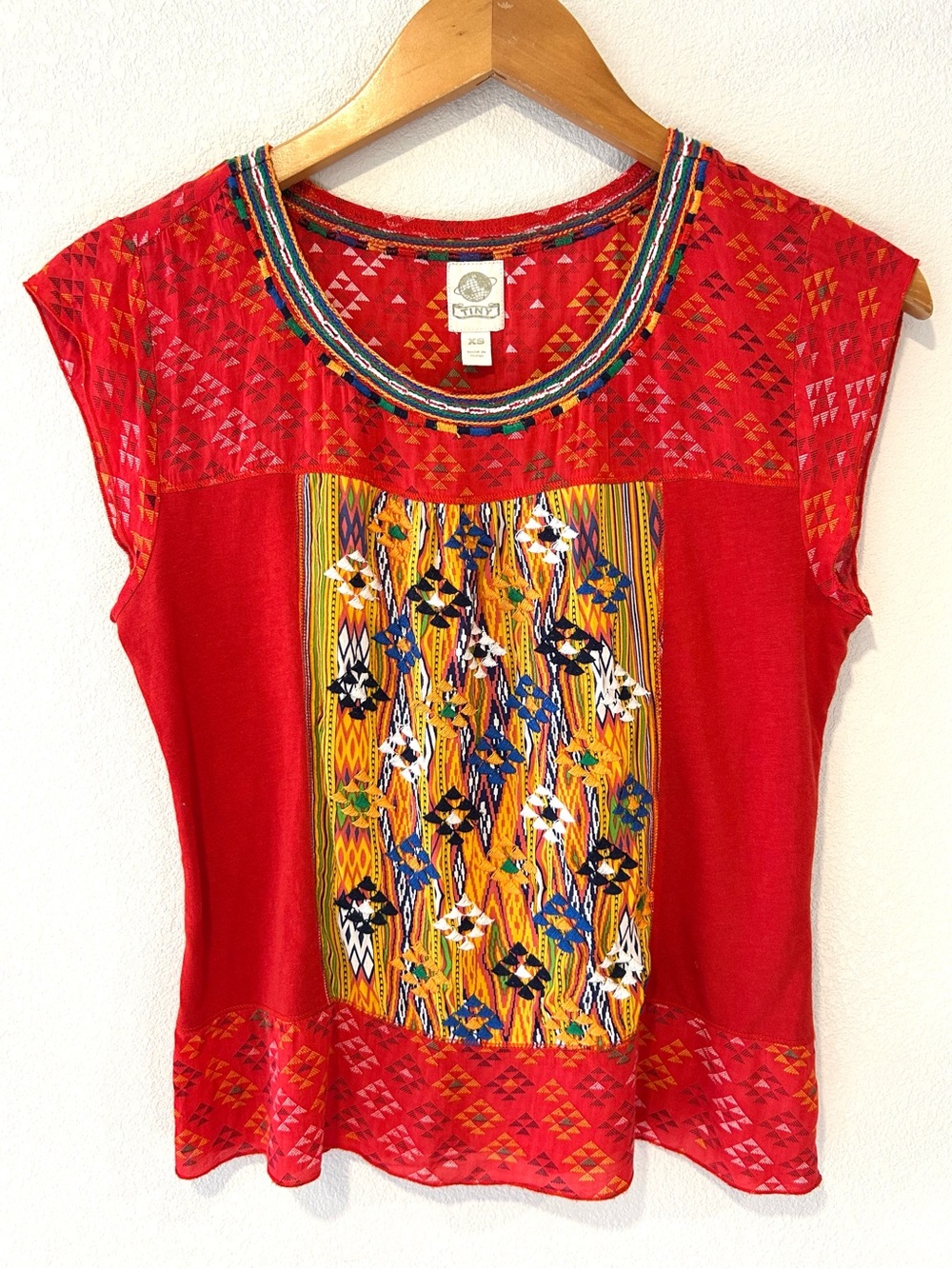Anthropologie Tiny Red Tribal Aztec Embroidered Top Boho Casual Size XS